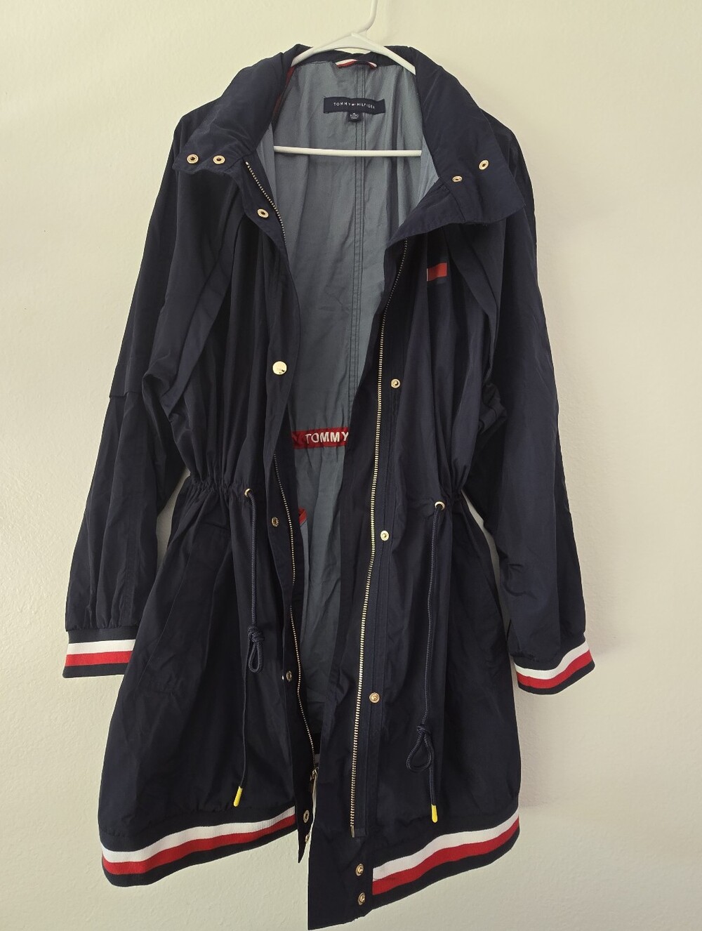 Tommy Hilfiger Navy Trench Rain Coat with Red & White Trim Hidden Hood